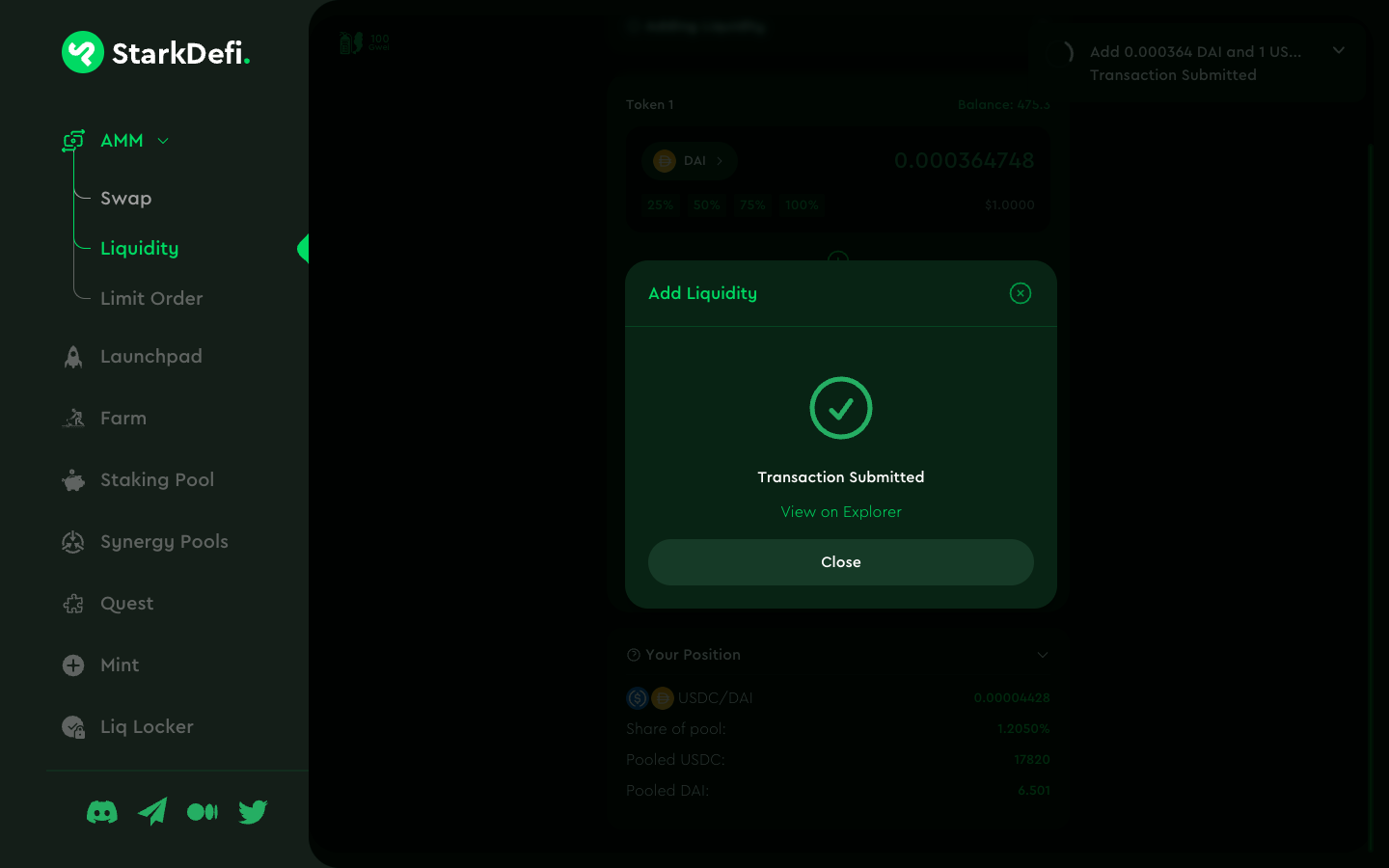 Adding liquidity succeeded